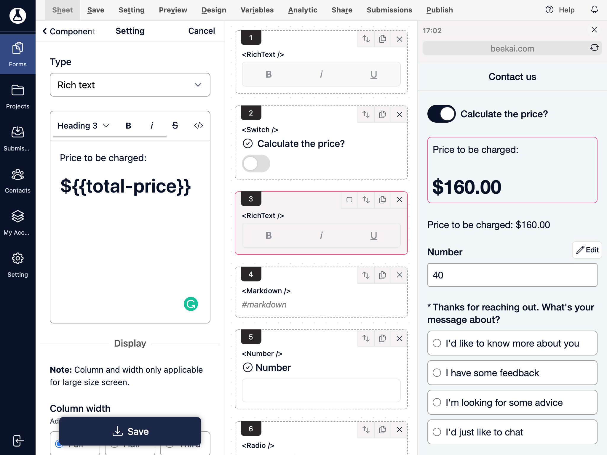 Form variable text config