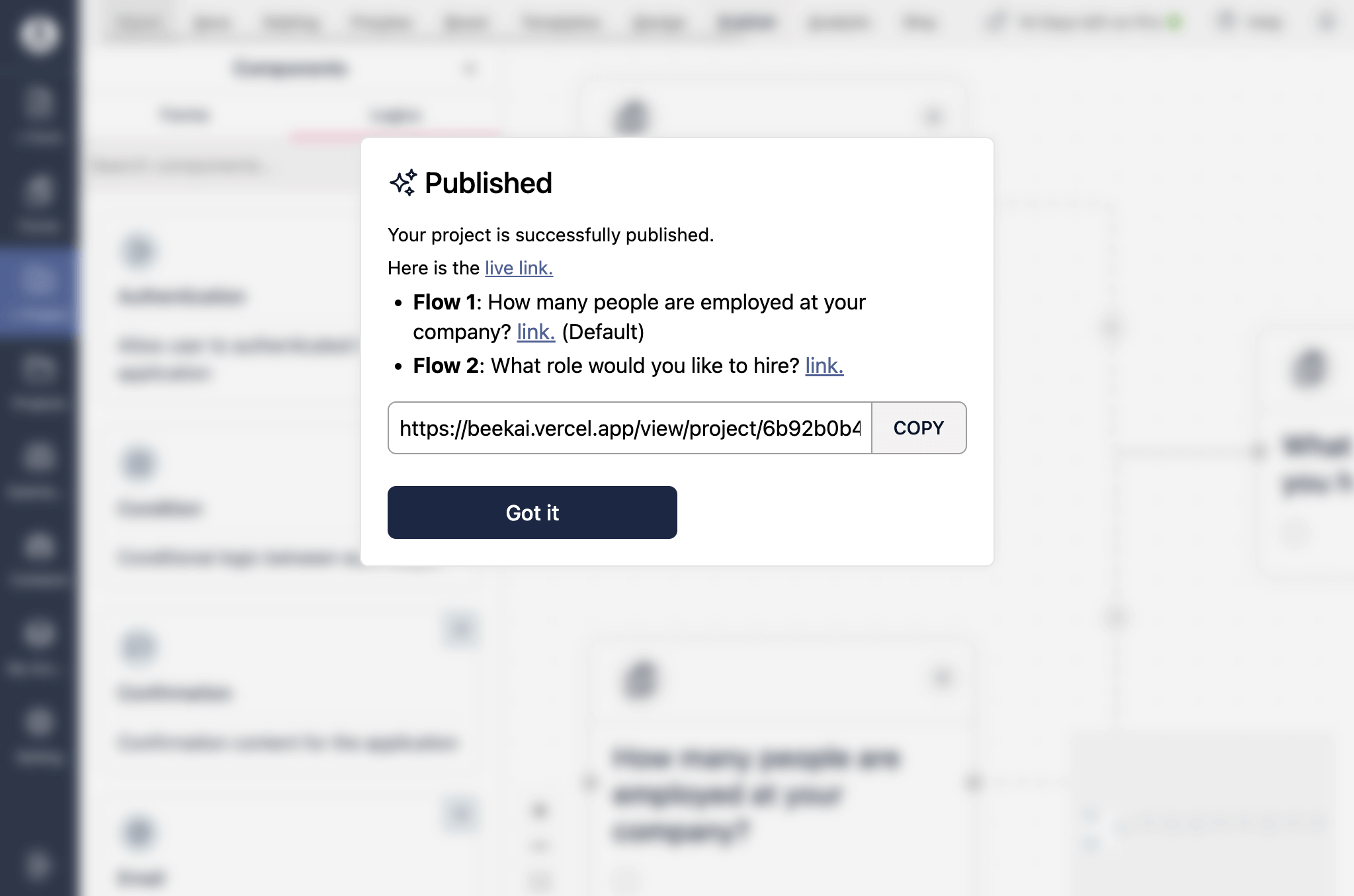 Publish modal with flows
