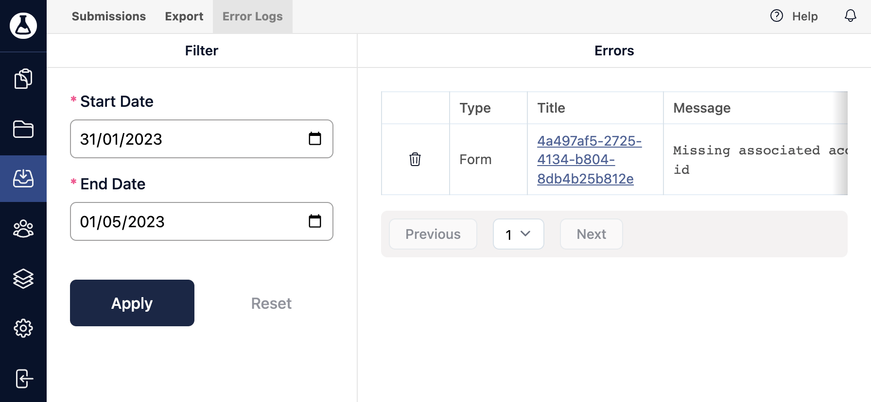 Form submission error log